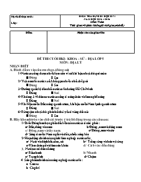 Đề thi cuối kỳ I môn Khoa học, Lịch sử, Địa lý Lớp 5 - Năm học 2015-2016